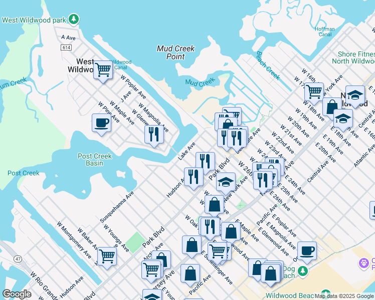 map of restaurants, bars, coffee shops, grocery stores, and more near Lake Avenue in Wildwood