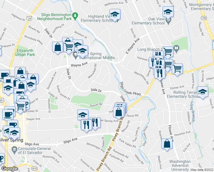 map of restaurants, bars, coffee shops, grocery stores, and more near 120 Fleetwood Terrace in Silver Spring