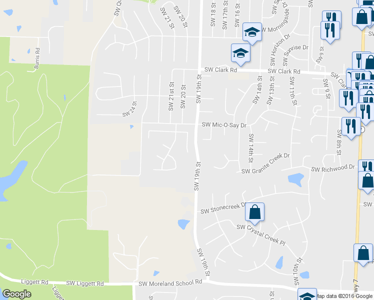 map of restaurants, bars, coffee shops, grocery stores, and more near 2209 Southwest 19th Street Terrace in Blue Springs