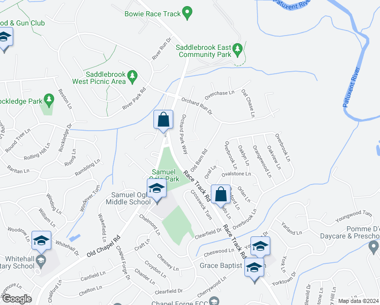 map of restaurants, bars, coffee shops, grocery stores, and more near 7905 Orchard Park Way in Bowie