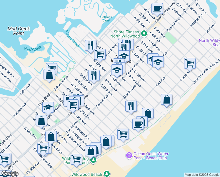 map of restaurants, bars, coffee shops, grocery stores, and more near 123 East 20th Avenue in North Wildwood