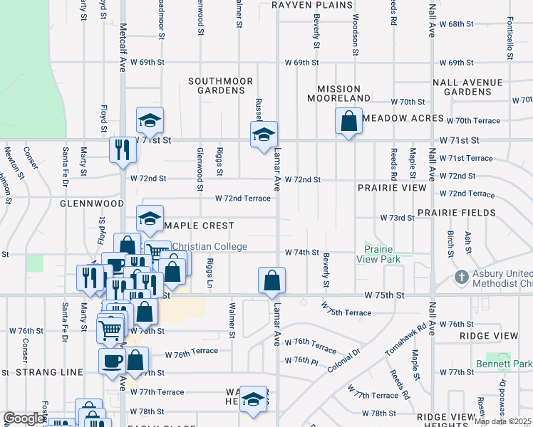 map of restaurants, bars, coffee shops, grocery stores, and more near 6306 West 73rd Street in Overland Park