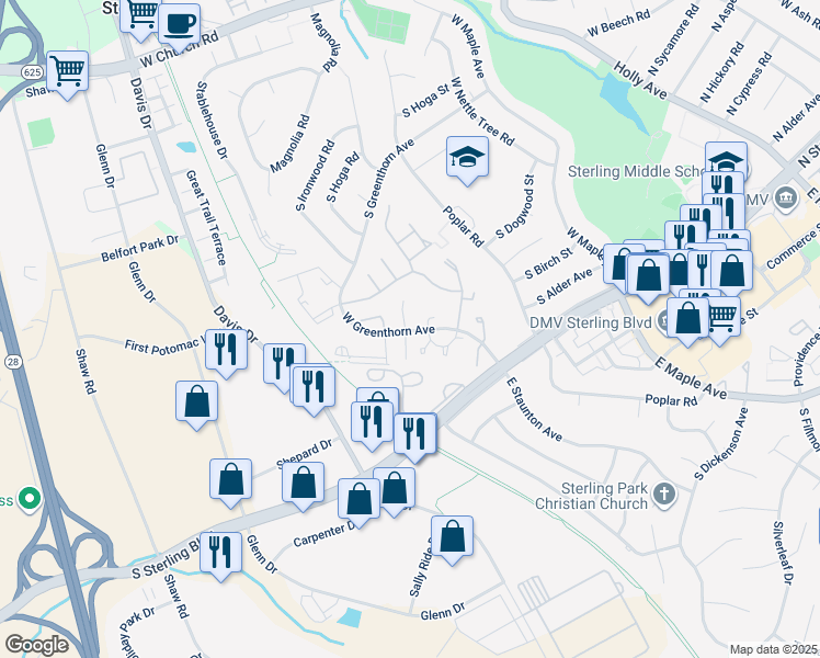 map of restaurants, bars, coffee shops, grocery stores, and more near 907 Windsor Court in Sterling