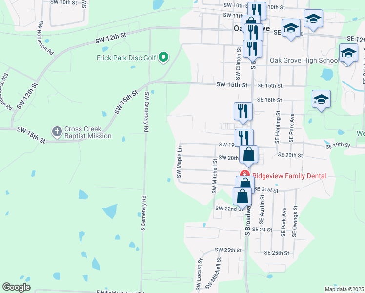 map of restaurants, bars, coffee shops, grocery stores, and more near 221 Southwest 19 Street in Oak Grove