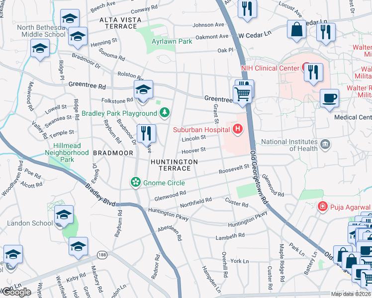 map of restaurants, bars, coffee shops, grocery stores, and more near 5603 Hoover Street in Bethesda