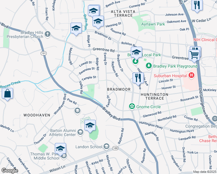 map of restaurants, bars, coffee shops, grocery stores, and more near 8609 Ewing Drive in Bethesda