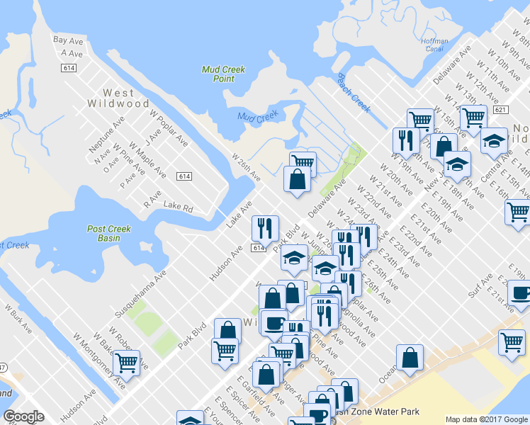 map of restaurants, bars, coffee shops, grocery stores, and more near 405 West Poplar Avenue in Wildwood