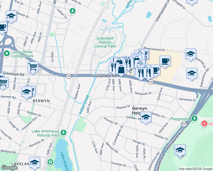 map of restaurants, bars, coffee shops, grocery stores, and more near 8920 57th Avenue in Berwyn Heights
