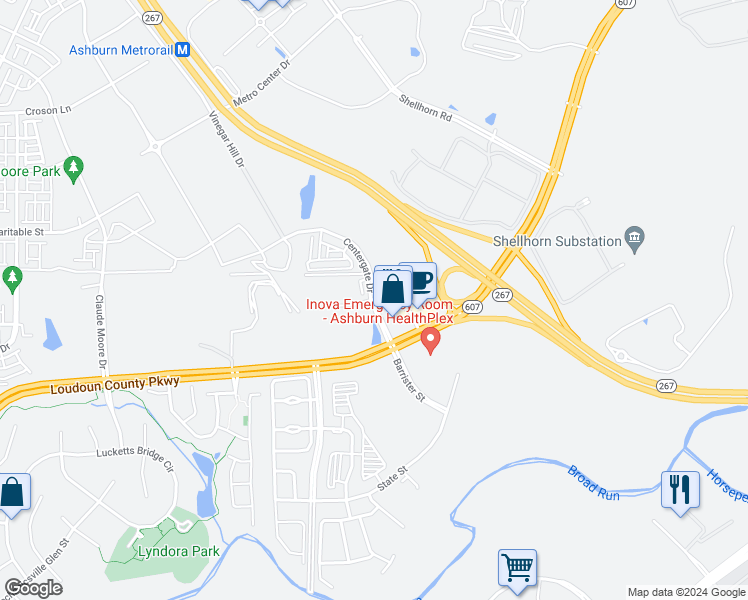 map of restaurants, bars, coffee shops, grocery stores, and more near Centergate Drive in Ashburn
