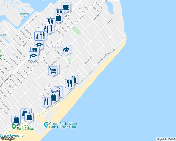 map of restaurants, bars, coffee shops, grocery stores, and more near 1100 John F Kennedy Beach Drive in North Wildwood