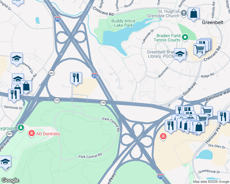 map of restaurants, bars, coffee shops, grocery stores, and more near 7725 Belle Point Drive in Greenbelt