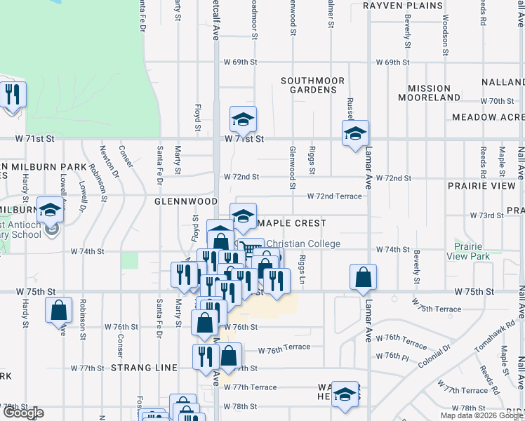 map of restaurants, bars, coffee shops, grocery stores, and more near 6814 West 73rd Street in Overland Park