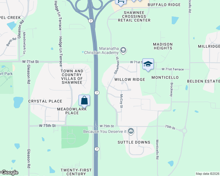 map of restaurants, bars, coffee shops, grocery stores, and more near 22815 West 72nd Terrace in Shawnee