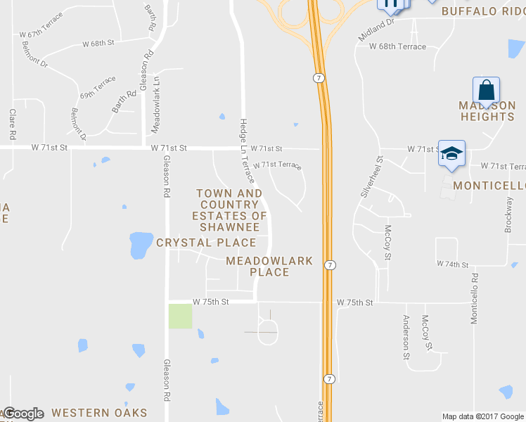 map of restaurants, bars, coffee shops, grocery stores, and more near 23500 West 72nd Terrace in Shawnee