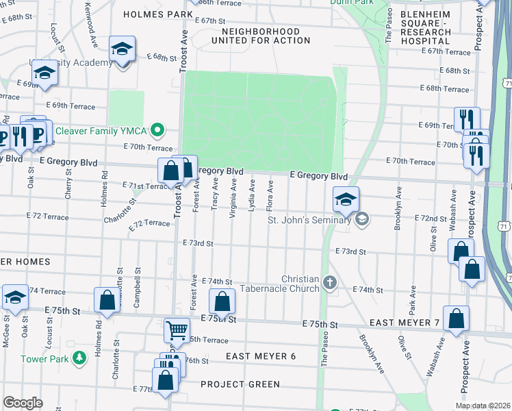 map of restaurants, bars, coffee shops, grocery stores, and more near 1400 East 72nd Street in Kansas City