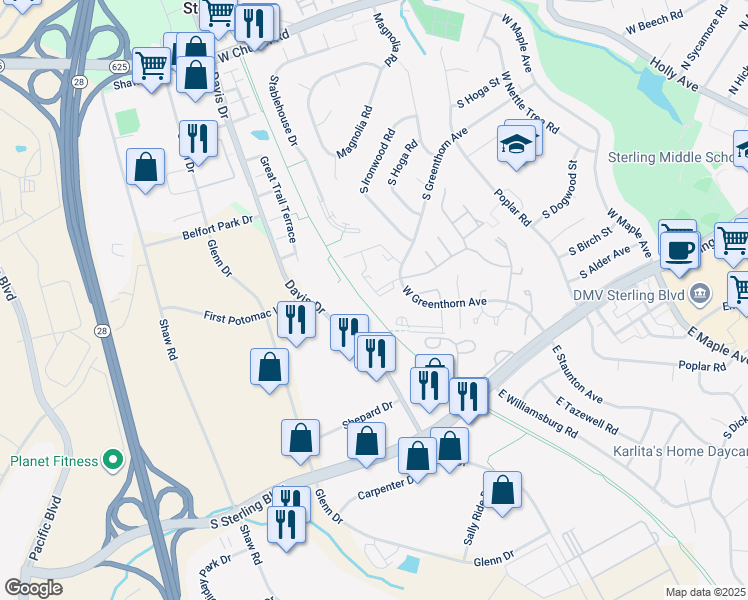 map of restaurants, bars, coffee shops, grocery stores, and more near 1035 Margate Court in Sterling
