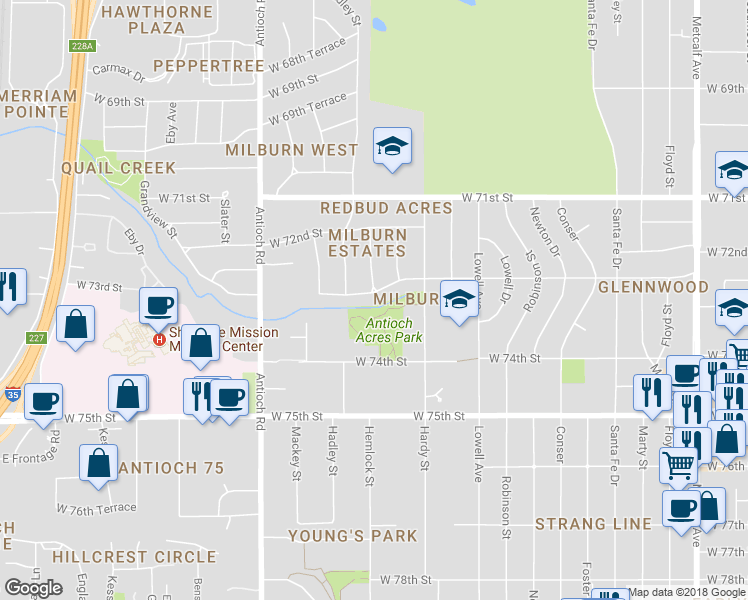map of restaurants, bars, coffee shops, grocery stores, and more near 8301 West 72nd Terrace in Overland Park