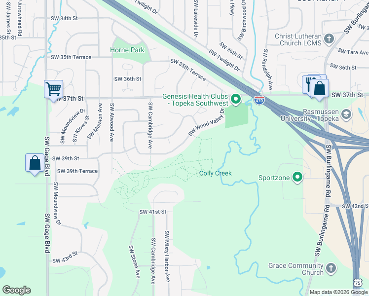 map of restaurants, bars, coffee shops, grocery stores, and more near 3803 Southwest Wood Valley Drive in Topeka