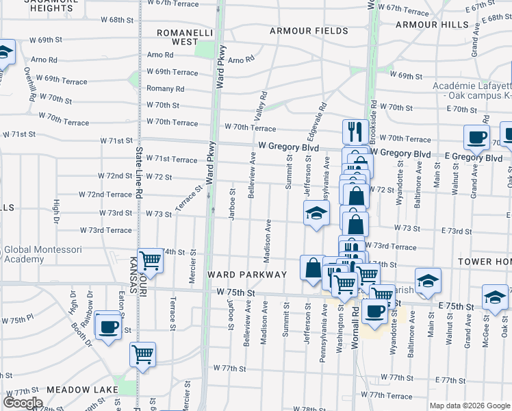 map of restaurants, bars, coffee shops, grocery stores, and more near 7229 Belleview Avenue in Kansas City