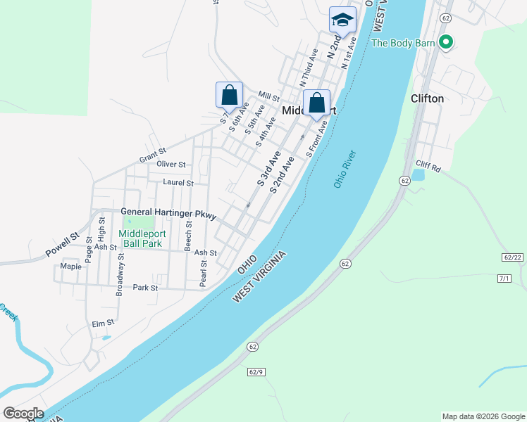 map of restaurants, bars, coffee shops, grocery stores, and more near 648 S 2nd Ave in Middleport