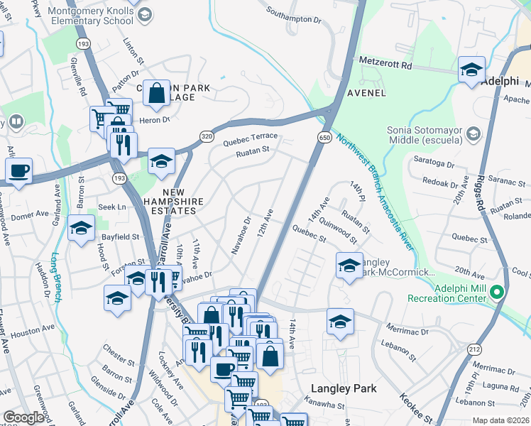 map of restaurants, bars, coffee shops, grocery stores, and more near 1126 Quebec Street in Silver Spring