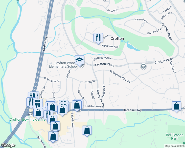 map of restaurants, bars, coffee shops, grocery stores, and more near 1737 Tarrytown Avenue in Crofton