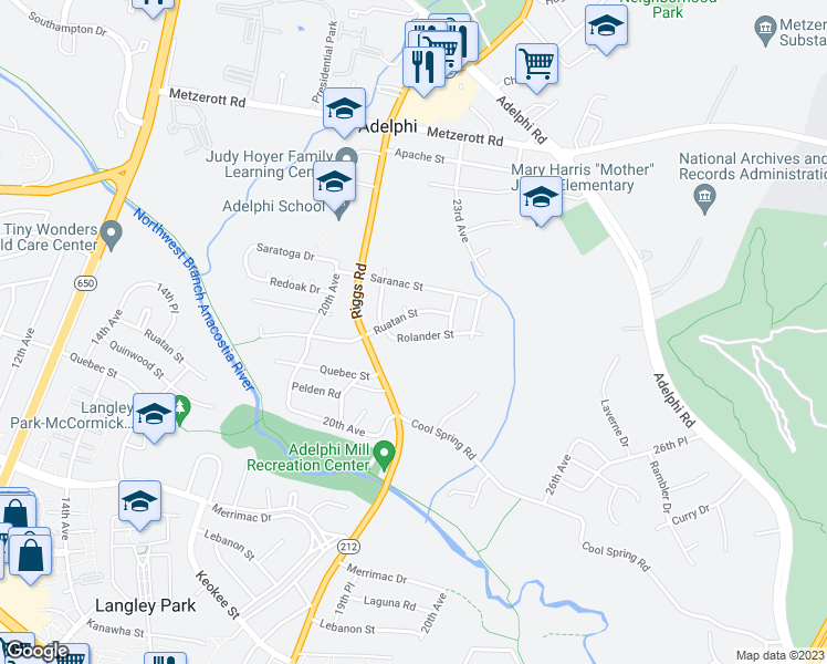 map of restaurants, bars, coffee shops, grocery stores, and more near 2108 Rolander Street in Hyattsville