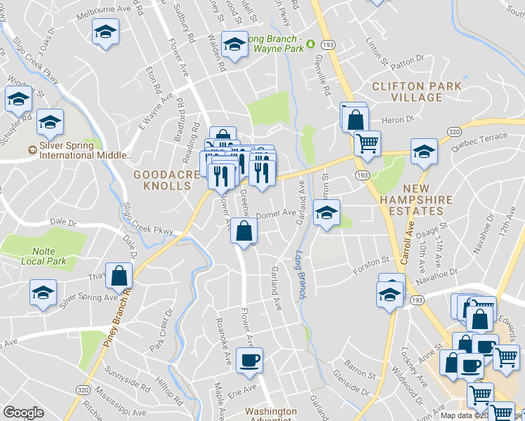 map of restaurants, bars, coffee shops, grocery stores, and more near 408 Domer Avenue in Takoma Park