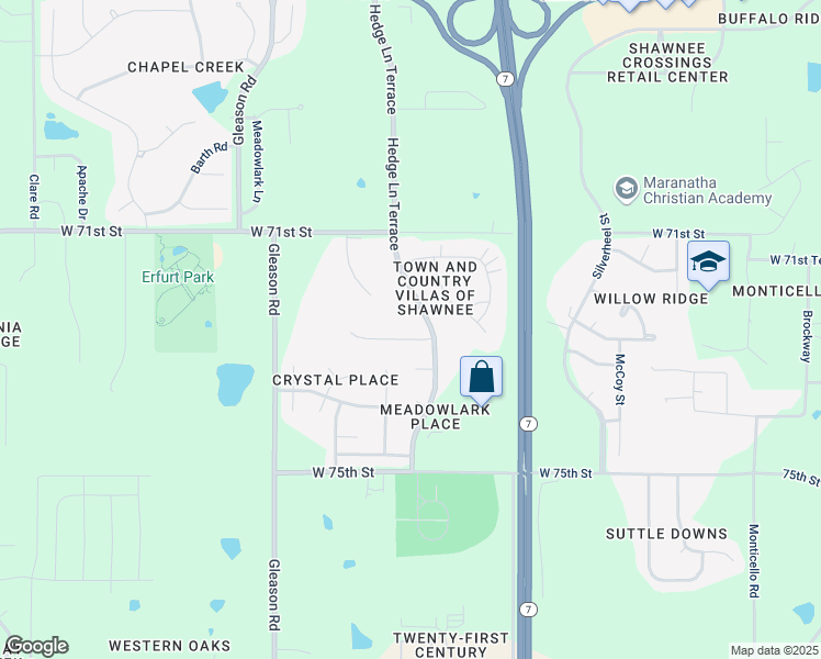 map of restaurants, bars, coffee shops, grocery stores, and more near 23500 West 72nd Terrace in Shawnee