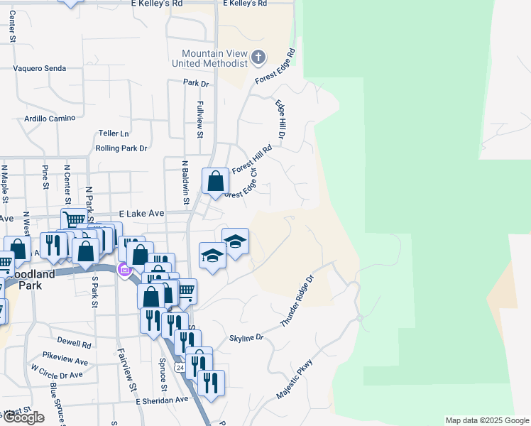 map of restaurants, bars, coffee shops, grocery stores, and more near 401 Mountain View Place in Woodland Park