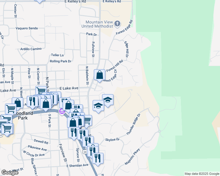 map of restaurants, bars, coffee shops, grocery stores, and more near 405 Forest Edge Lane in Woodland Park