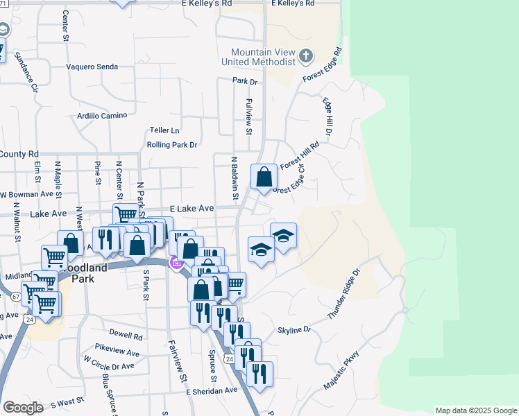 map of restaurants, bars, coffee shops, grocery stores, and more near 401 Rampart Range Road in Woodland Park