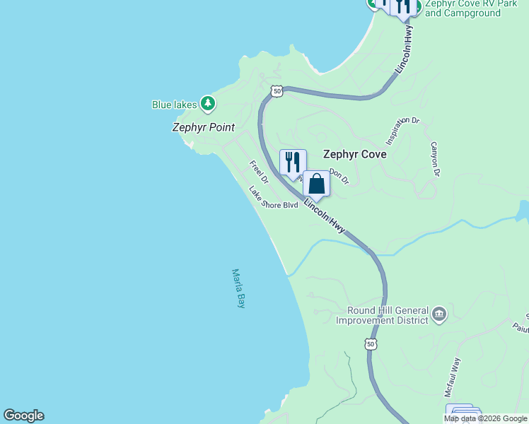 map of restaurants, bars, coffee shops, grocery stores, and more near 600 U.S. 50 in Zephyr Cove