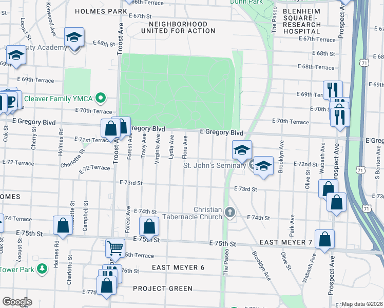 map of restaurants, bars, coffee shops, grocery stores, and more near 1506 East 72nd Street in Kansas City