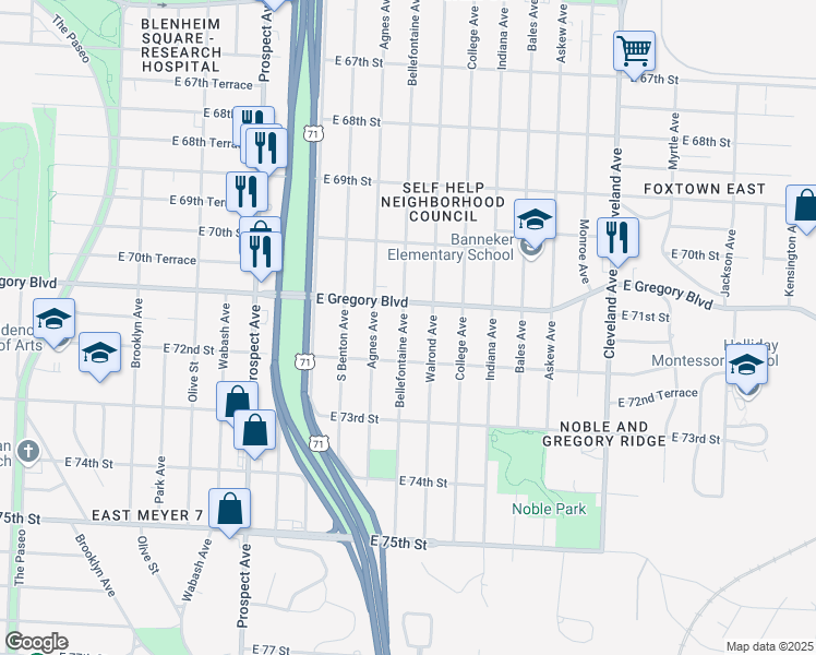 map of restaurants, bars, coffee shops, grocery stores, and more near 7119 Bellefontaine Avenue in Kansas City
