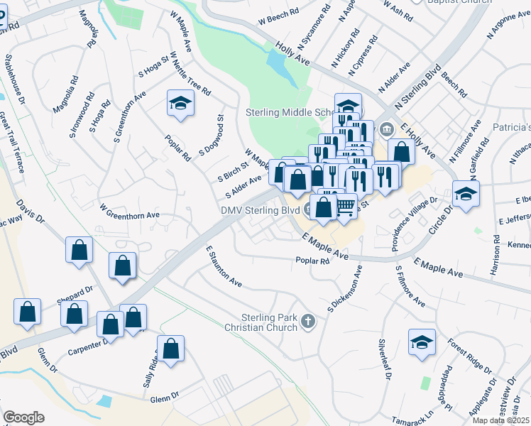 map of restaurants, bars, coffee shops, grocery stores, and more near 114 East Concord Court in Sterling