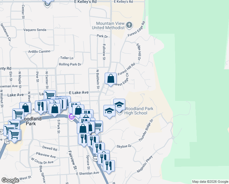 map of restaurants, bars, coffee shops, grocery stores, and more near 401 Forest Edge Road in Woodland Park