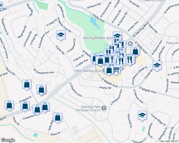 map of restaurants, bars, coffee shops, grocery stores, and more near 114 East Concord Court in Sterling