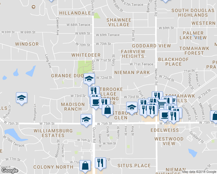 map of restaurants, bars, coffee shops, grocery stores, and more near 7317 Quivira Road in Shawnee