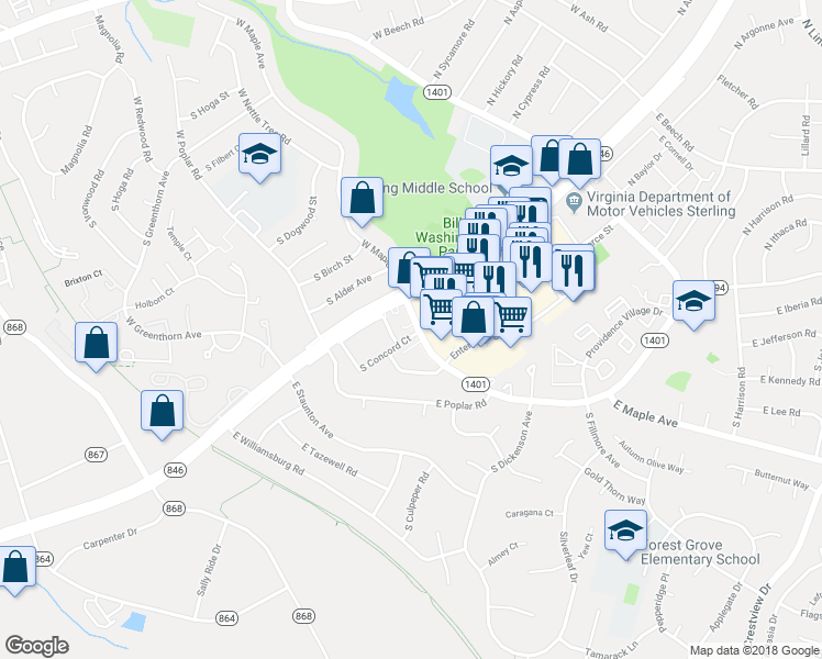 map of restaurants, bars, coffee shops, grocery stores, and more near 601 South Concord Court in Sterling