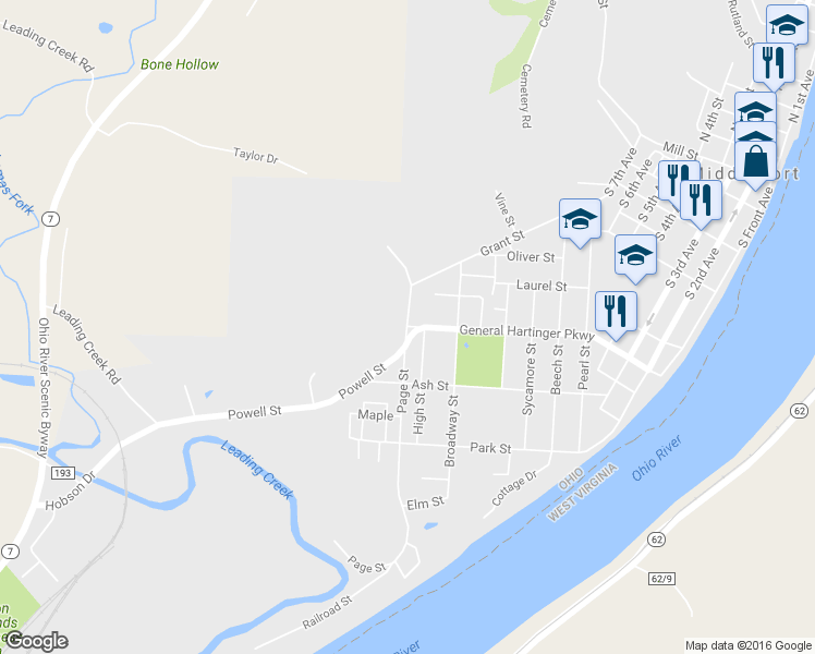 map of restaurants, bars, coffee shops, grocery stores, and more near 820 Page Street in Middleport