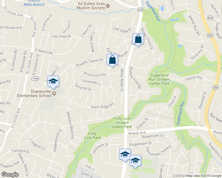 map of restaurants, bars, coffee shops, grocery stores, and more near 12416 Rock Ridge Road in Herndon