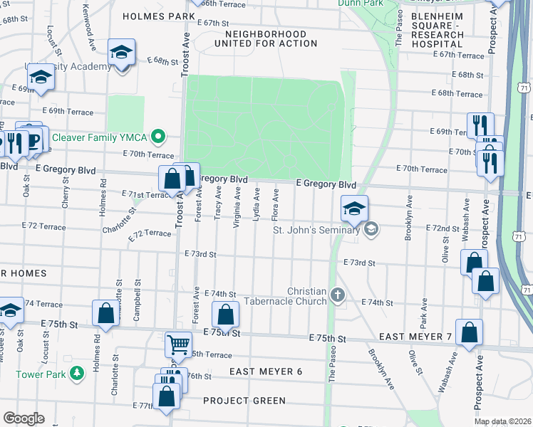 map of restaurants, bars, coffee shops, grocery stores, and more near 1400 East 72nd Street in Kansas City