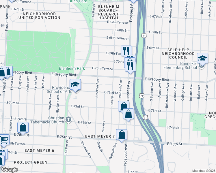 map of restaurants, bars, coffee shops, grocery stores, and more near 2309 East 71st Terrace in Kansas City