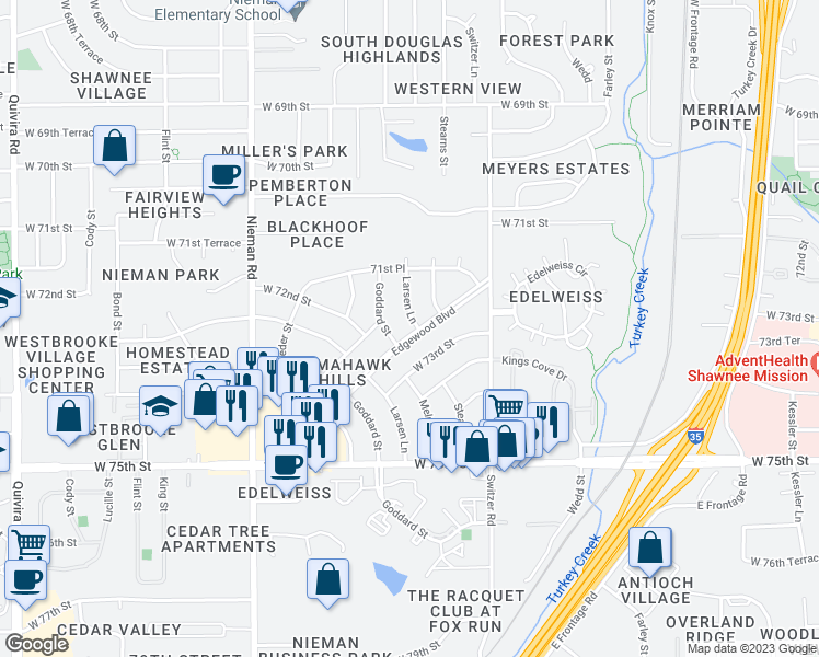 map of restaurants, bars, coffee shops, grocery stores, and more near 7204 Larsen Lane in Shawnee