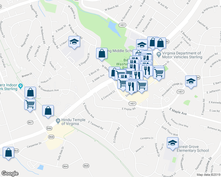 map of restaurants, bars, coffee shops, grocery stores, and more near 117 E Concord Ct in Sterling