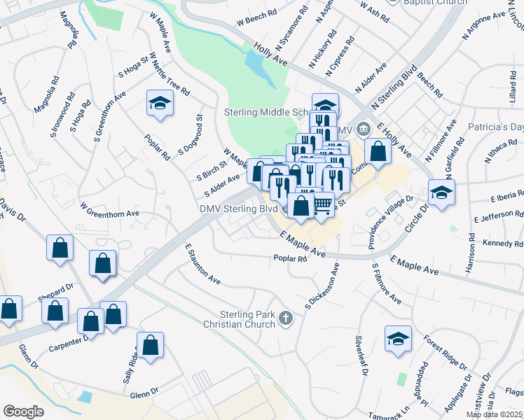 map of restaurants, bars, coffee shops, grocery stores, and more near 601 South Concord Court in Sterling