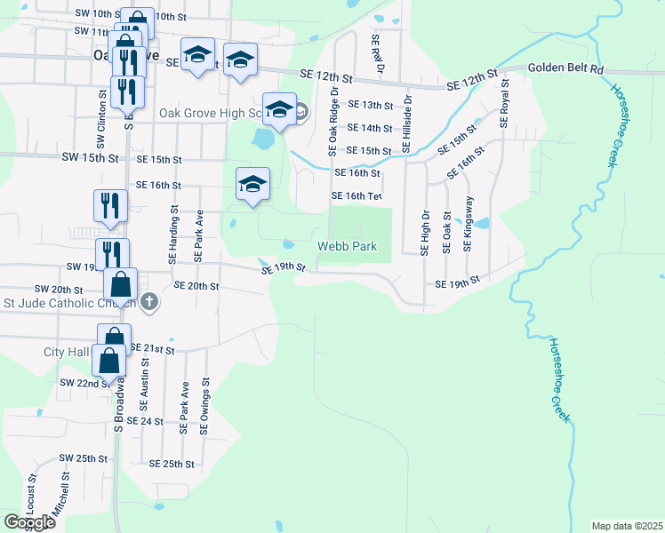 map of restaurants, bars, coffee shops, grocery stores, and more near 804 Southeast 19th Street in Oak Grove