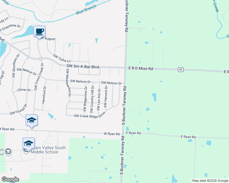 map of restaurants, bars, coffee shops, grocery stores, and more near 817 Southwest Highland Avenue in Grain Valley