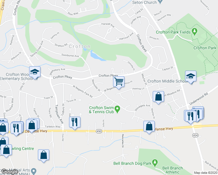 map of restaurants, bars, coffee shops, grocery stores, and more near 1803 East Regents Park Road in Crofton